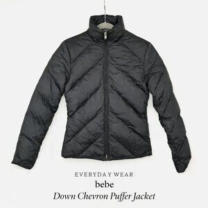 bebe Black Down Puffer Jacket Quilted Chevron Zip Front Coat Women’s Small